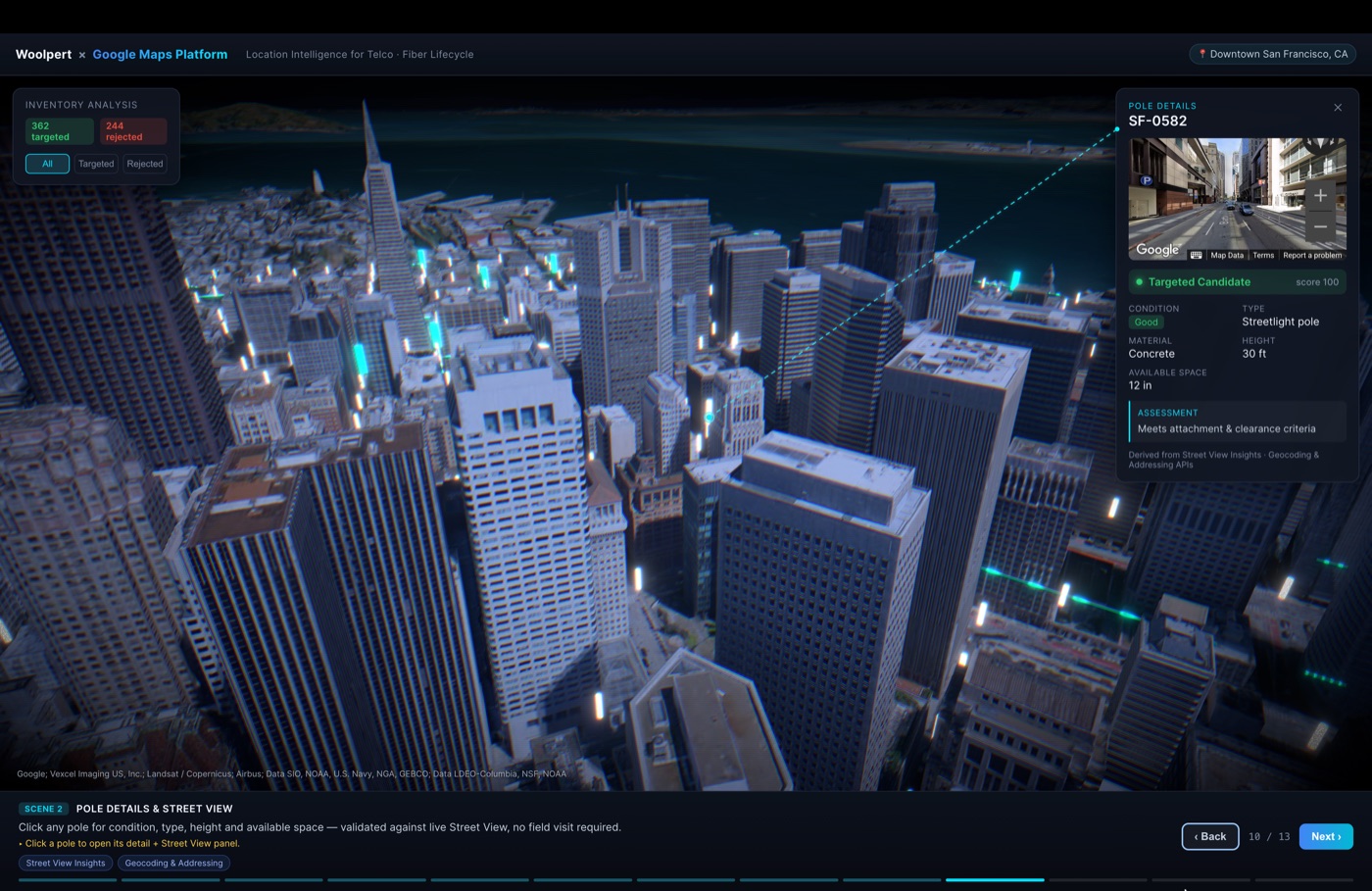Photorealistic 3D model of downtown San Francisco with candidate poles lit in cyan, a pole detail panel showing condition, type, height and available attachment space beside a Street View thumbnail, and an inventory count of targeted versus rejected poles.