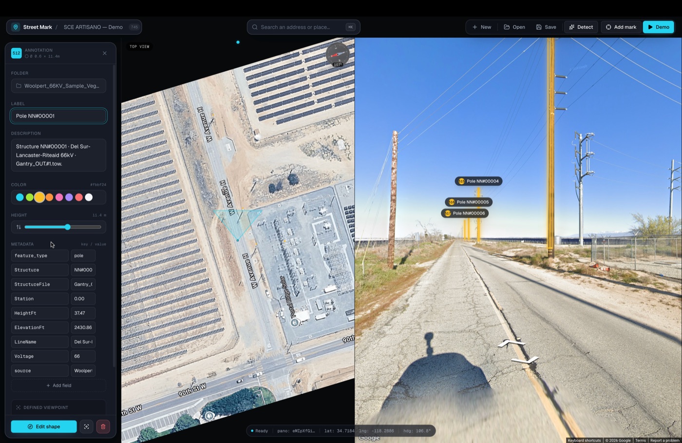 Street Mark's annotation editor beside a top-down aerial view and street-level imagery, with 3D labels pinned to utility poles and a metadata panel listing asset type, height and voltage.